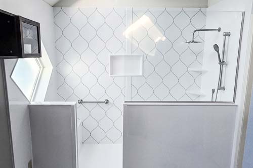 Custom shower with walk in door.